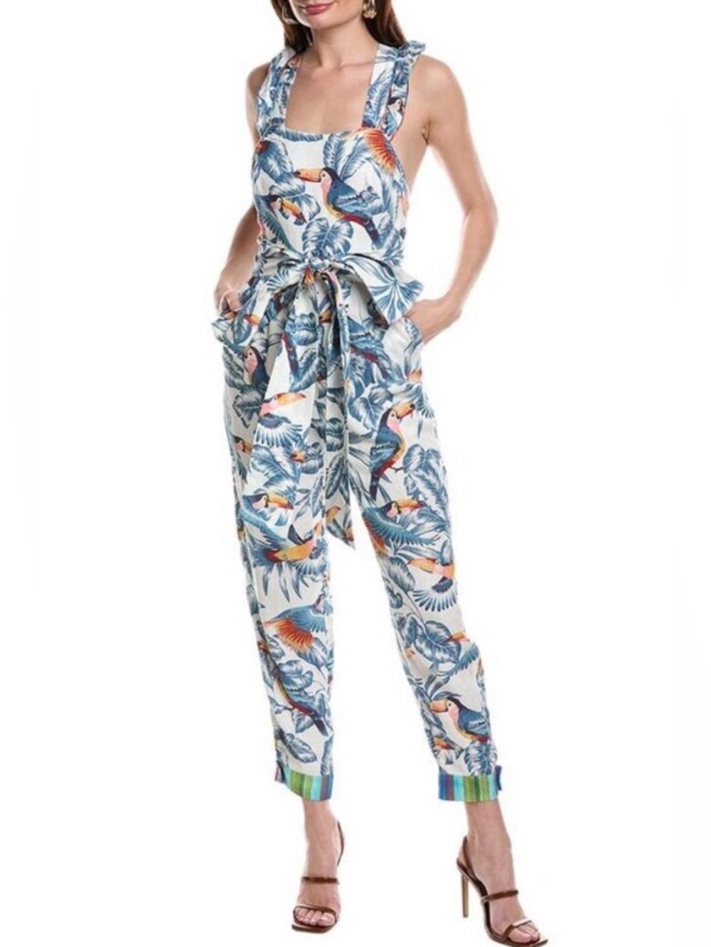 FARM Rio Flying Toucans Crossed Back Frilled Linen Jumpsuit - NWT size M